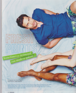 Forbes page 1 advertisement showing white male wearing swimwear and two legs. Text reads "Fresh prints. Sometimes a swimsuit can make a splash..."